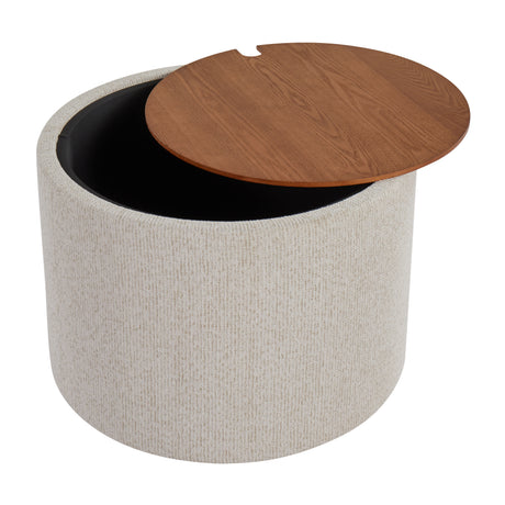 Cream Fabric Storage Tray Table with Walnut-Finish Lid — lid partially lifted