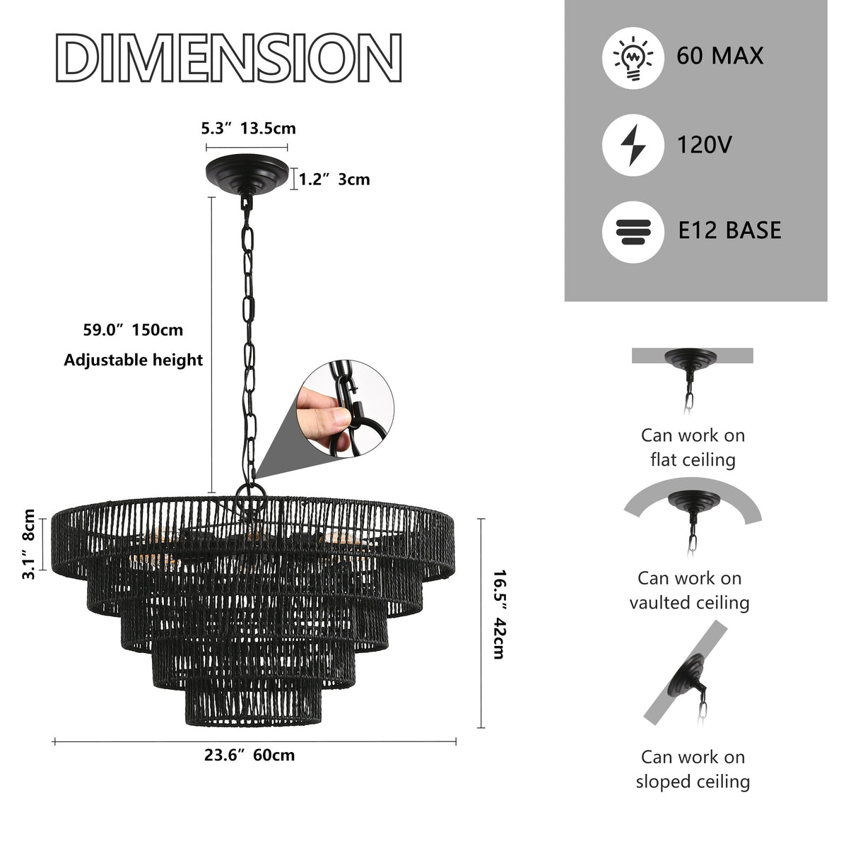 Rustic 5-Tier Black Hemp Rope Pendant Light Chandelier
