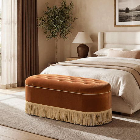 Melindaa - Oval Tufted Bullion Fringe Storage Bench