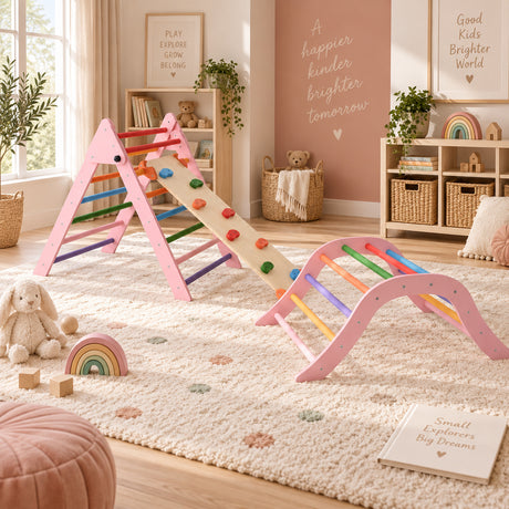 Pink Foldable Montessori Pikler Triangle Climbing Set | OROA Kids
