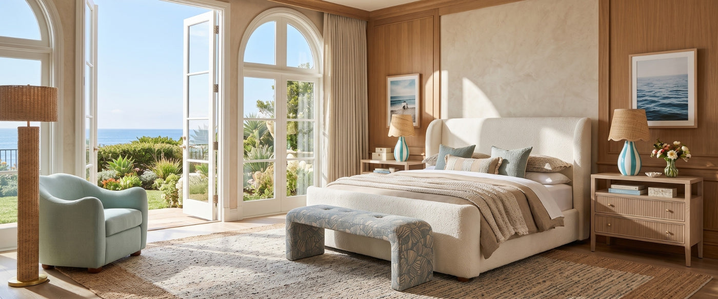 Coastal Living bedroom by OROA featuring warm furnishings, layered textiles, and a seaside-inspired atmosphere.