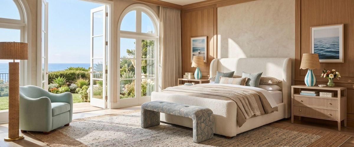 Coastal Living bedroom by OROA featuring warm furnishings, layered textiles, and a seaside-inspired atmosphere.