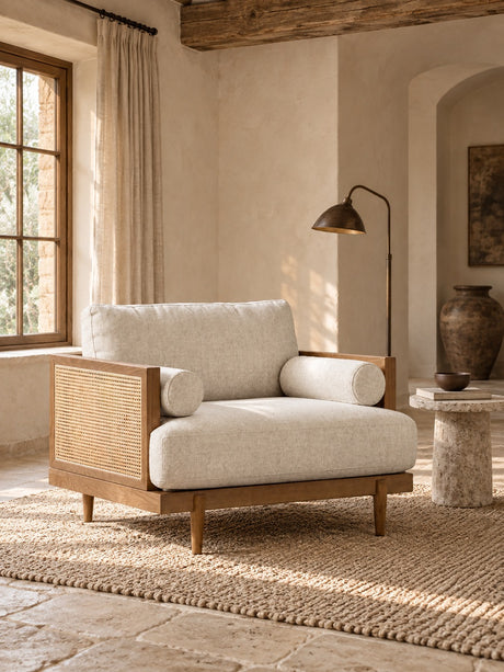 A mid-century modern accent chair with cream-colored textured upholstery and a light wood frame with woven cane panels