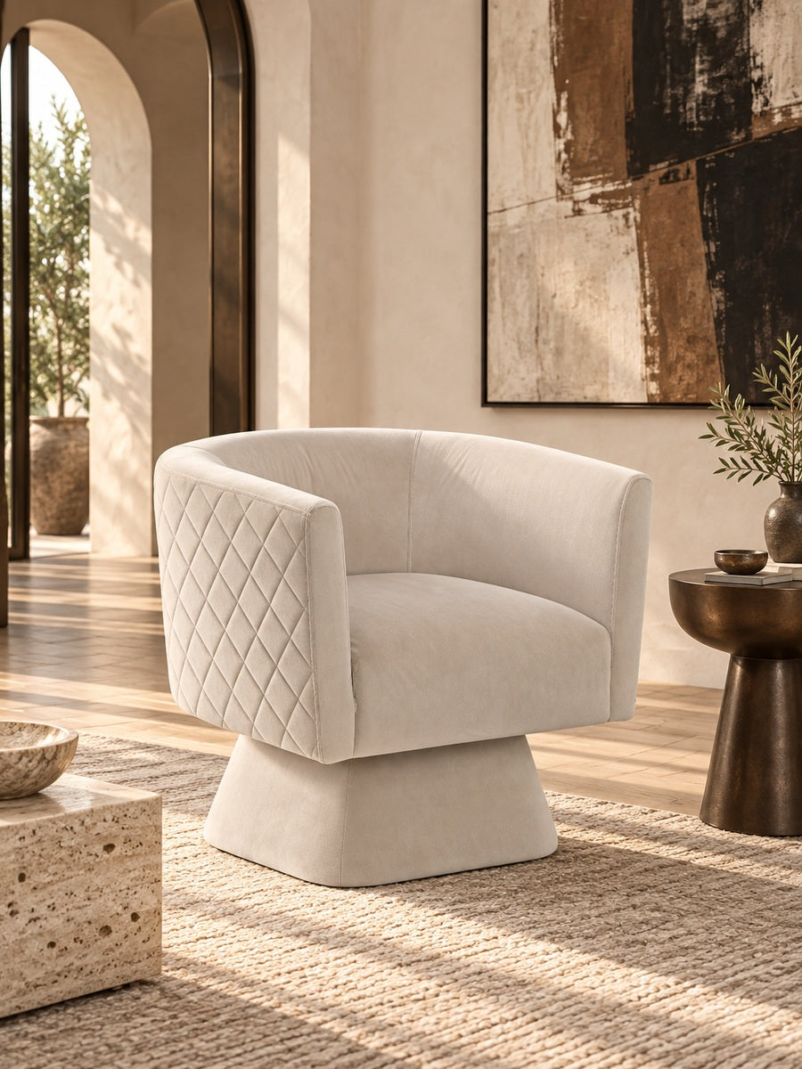 Taupe Velvet 360° Swivel Chair with Diamond Stitching | Catchy