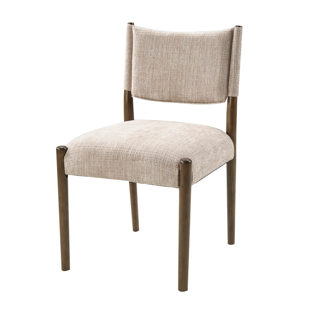 Upholstered dining chair with walnut-finish legs — single chair three-quarter view