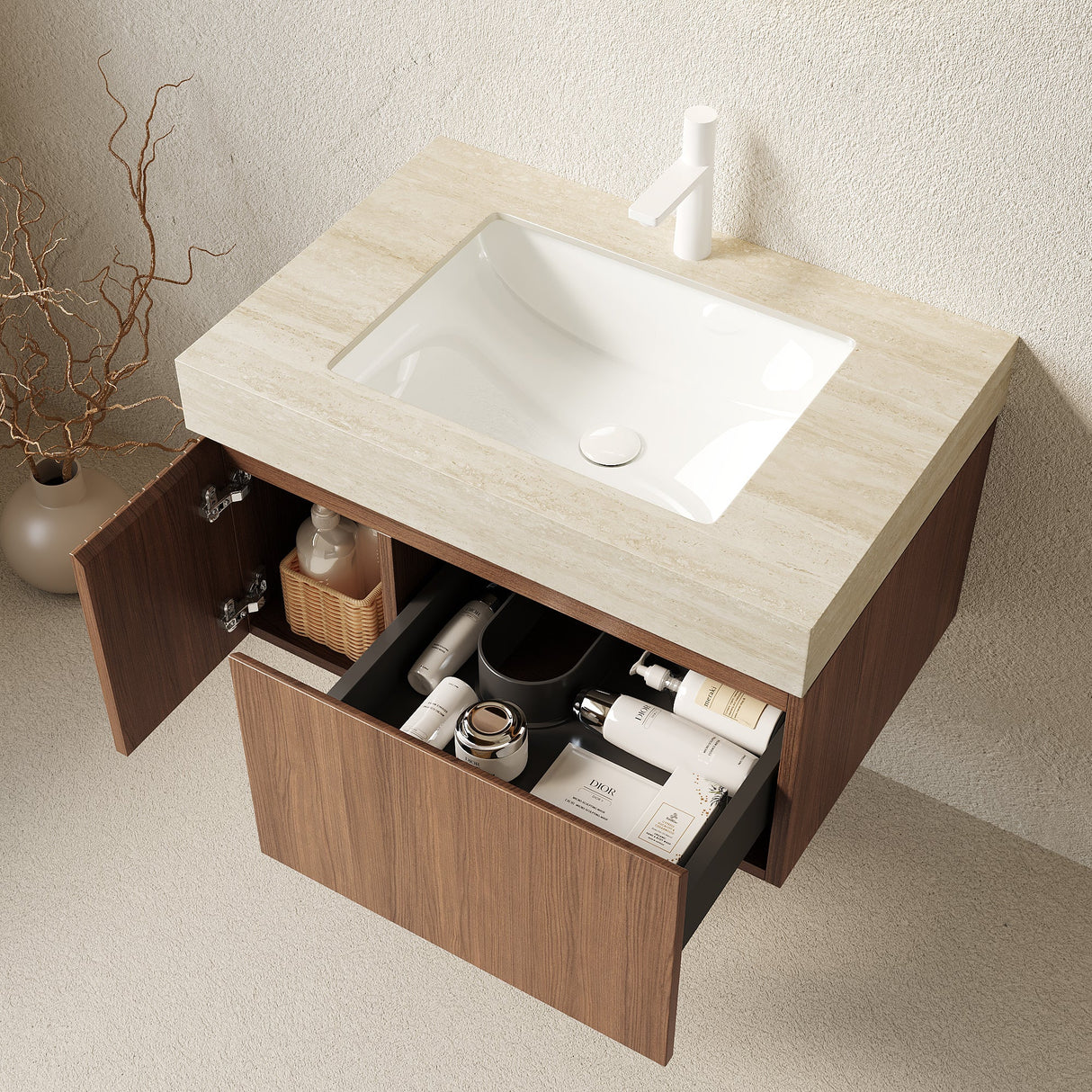 Contemporary Bathroom Vanity & Sink Travertine - OROA