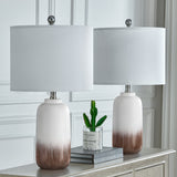 Brown and White Ceramic Table Lamps — pair styled on a console