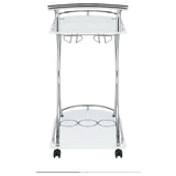 Allen 2-Tier Glass Shelf Bar Cart with Stemware and Wine Rack, White and Chrome Metal - OROA Modern Furniture