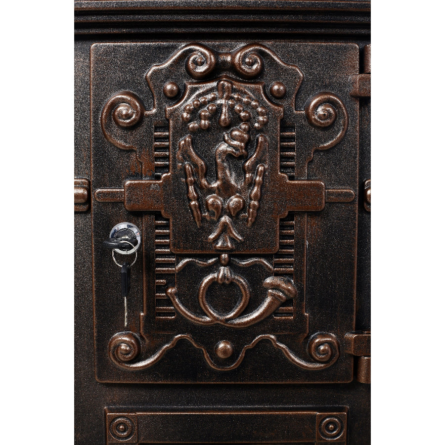 Inspired by classic European street mailboxes, this freestanding design brings sculptural character to any setting. Crafted from cast aluminum with an antique bronze finish, it features Roman column detailing, a decorative figure, and a spacious interior for letters, magazines, newspapers, books, and padded envelopes.

Its weather-resistant coating and protective top make it suitable for outdoor use, while the ornate silhouette also works beautifully as a decorative object in a home, office, lobby, café, or