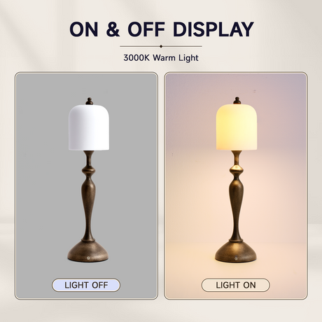 Antique bronze table lamp with white ceramic shade — light switched off and on