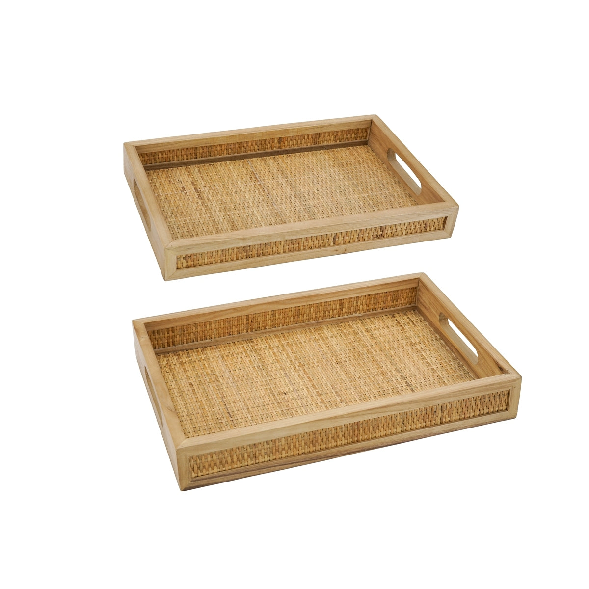 Brown Woven Rattan Trays with Handles — pair in three-quarter view