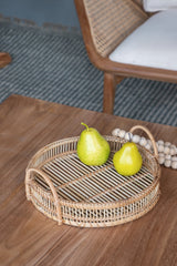 Round Decorative Brown Bamboo Woven Trays with Handles (S/3)