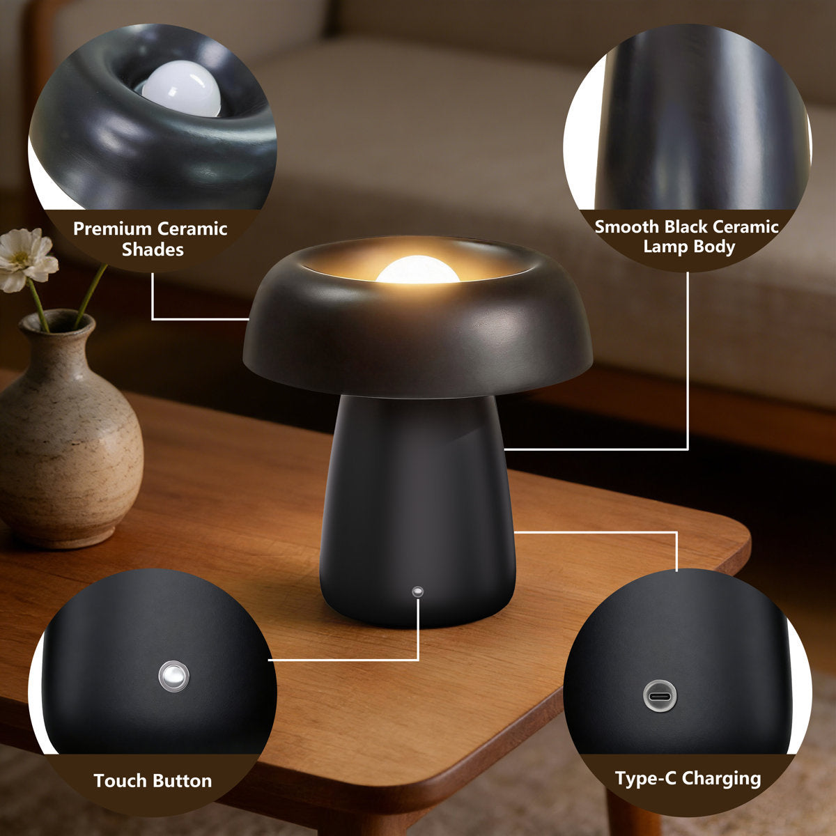 Black Ceramic Rechargeable LED Table Lamp — ceramic shade, touch control and charging-port details