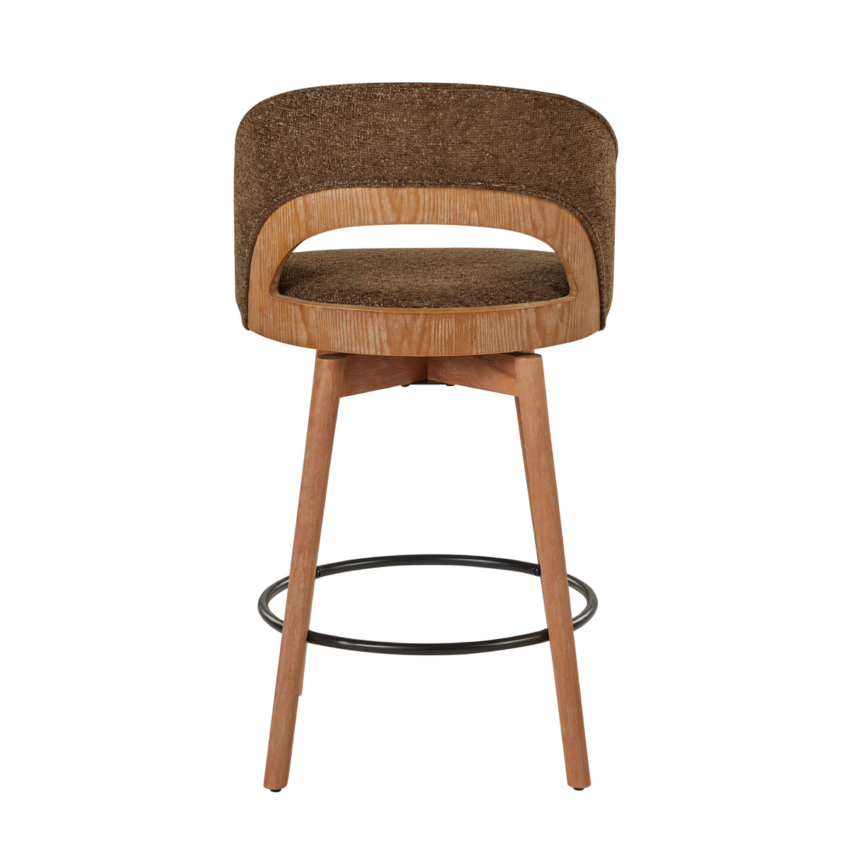 Dark brown upholstered counter stool with wood legs — rear view
