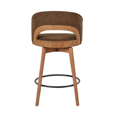 Dark brown upholstered counter stool with wood legs — rear view