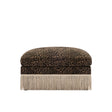 A square ottoman with a leopard print velvet top and a long fringe base, shown against a plain white background.