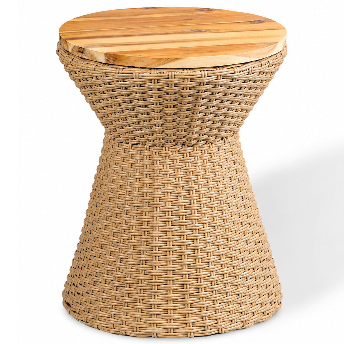 A woven rattan side table with a tapered, hourglass-shaped body and a circular wooden top, shown on a white background.