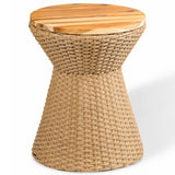 A woven rattan side table with a tapered, hourglass-shaped body and a circular wooden top, shown on a white background.