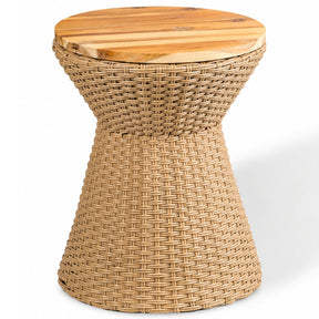 A woven rattan side table with a tapered, hourglass-shaped body and a circular wooden top, shown on a white background.