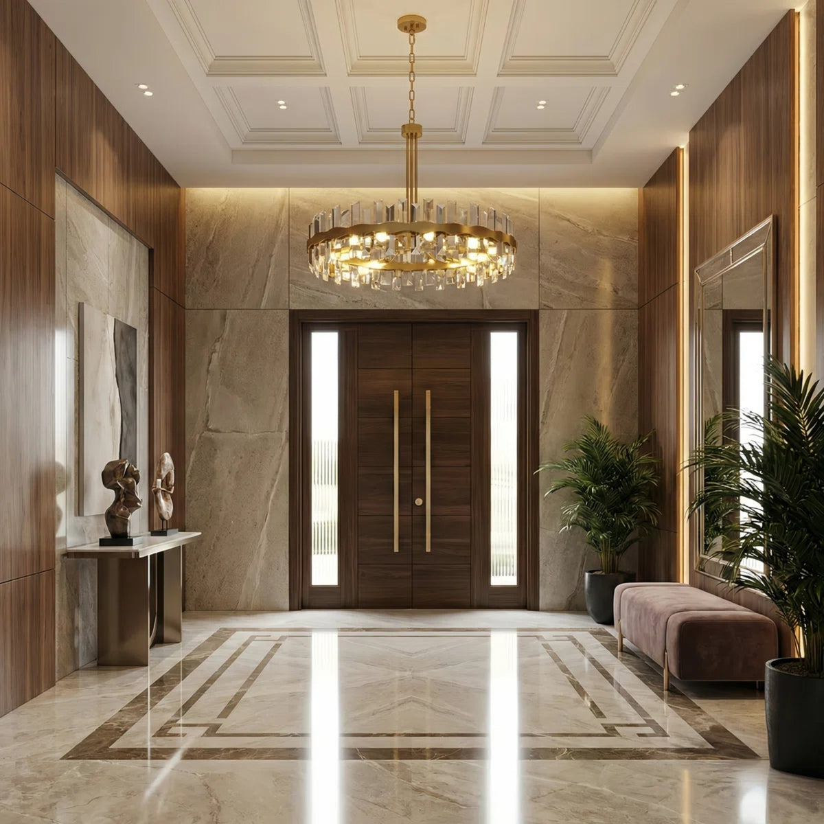 Gold Eight-Light Crystal Drum Chandelier — in an entryway