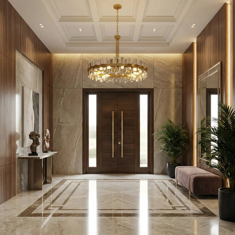 Gold Eight-Light Crystal Drum Chandelier — in an entryway