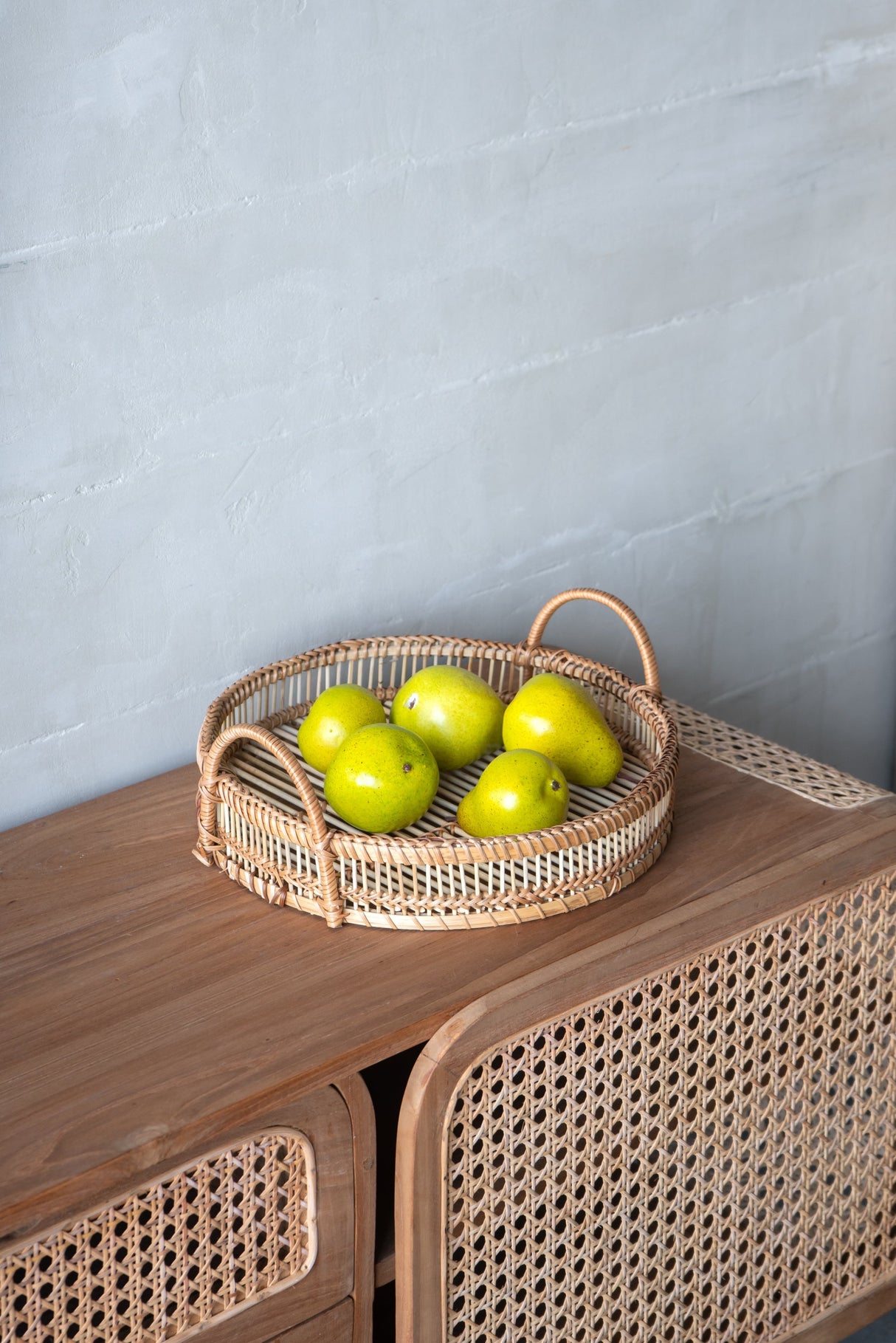 Round Decorative Brown Bamboo Woven Trays with Handles (S/3)