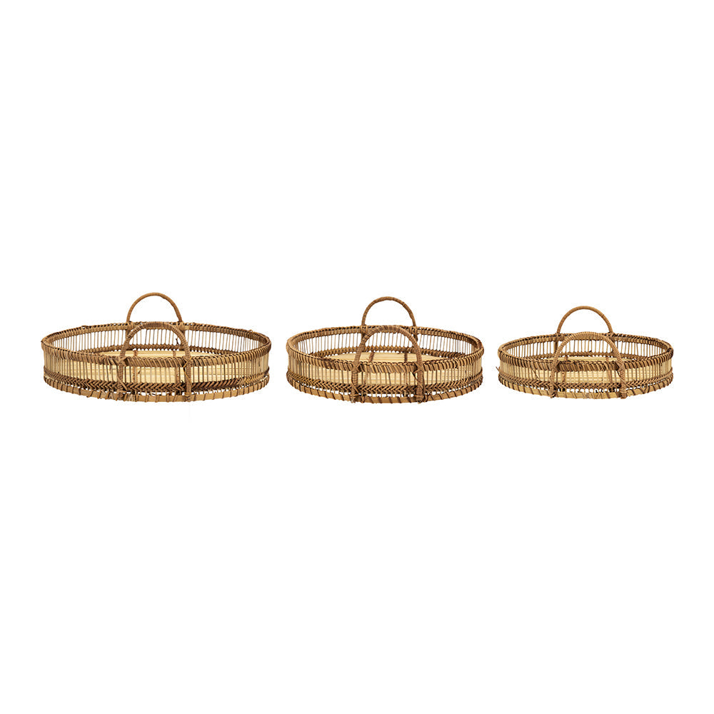 Round Decorative Brown Bamboo Woven Trays with Handles (S/3)