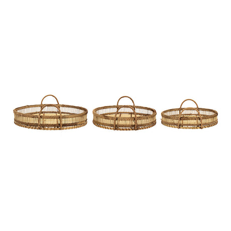 Round Decorative Brown Bamboo Woven Trays with Handles (S/3)