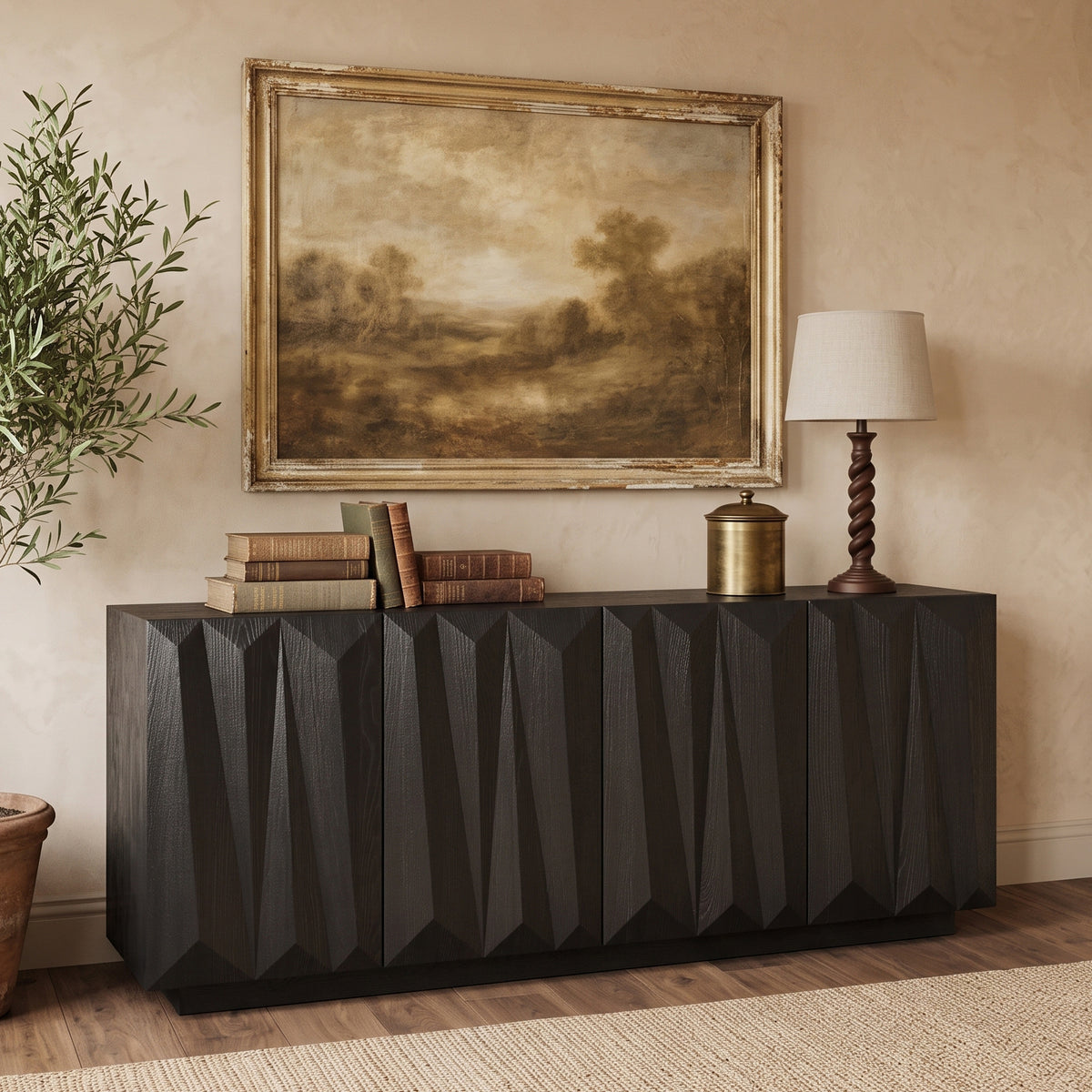 Black Geometric Four-Door Sideboard — styled on a living-room wall