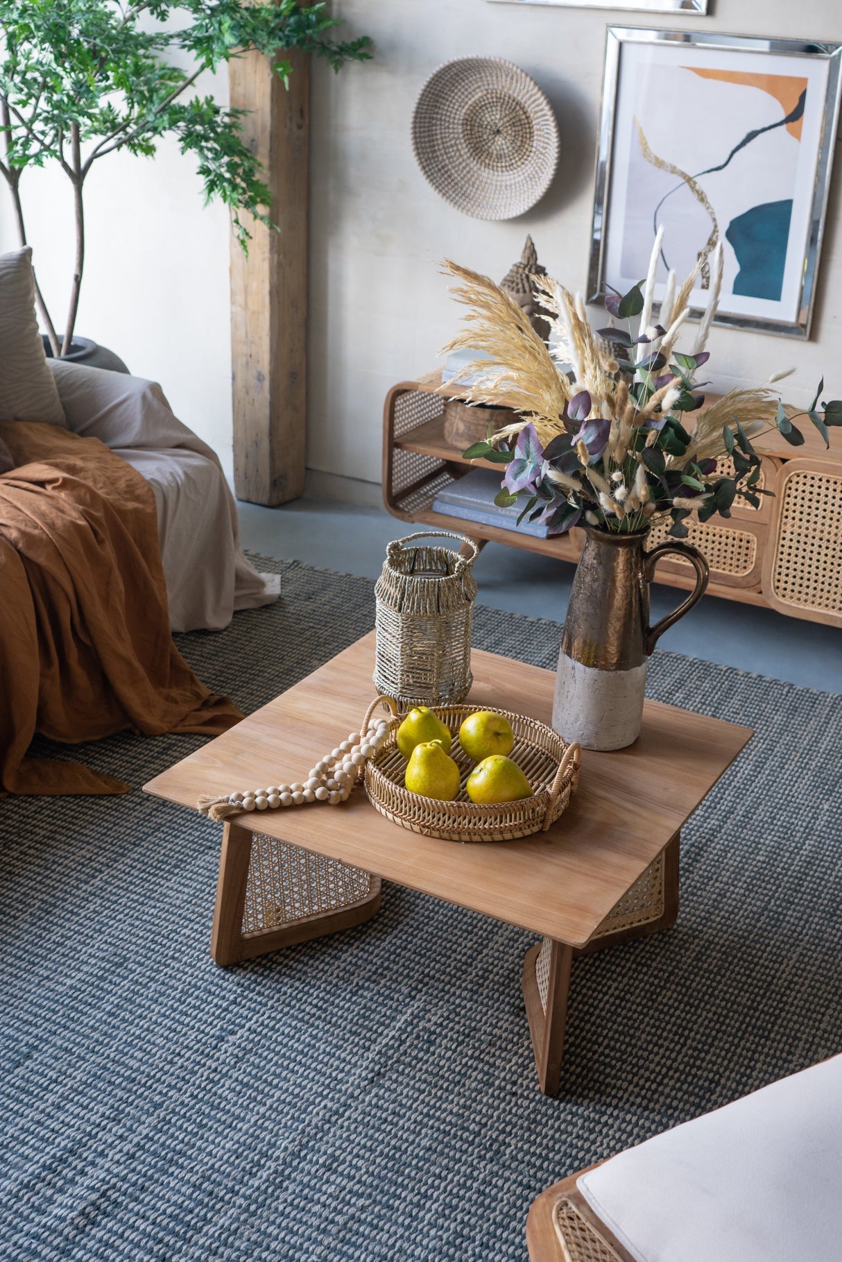 Round Decorative Brown Bamboo Woven Trays with Handles (S/3)