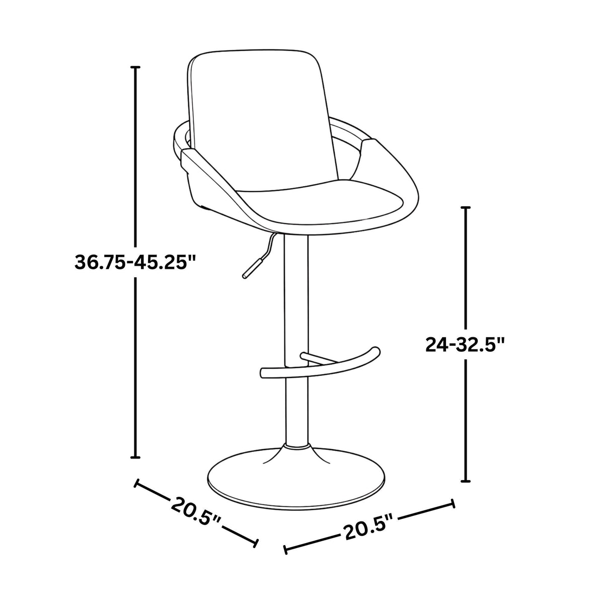 Cream Faux Leather Adjustable Swivel Barstools — dimension diagram