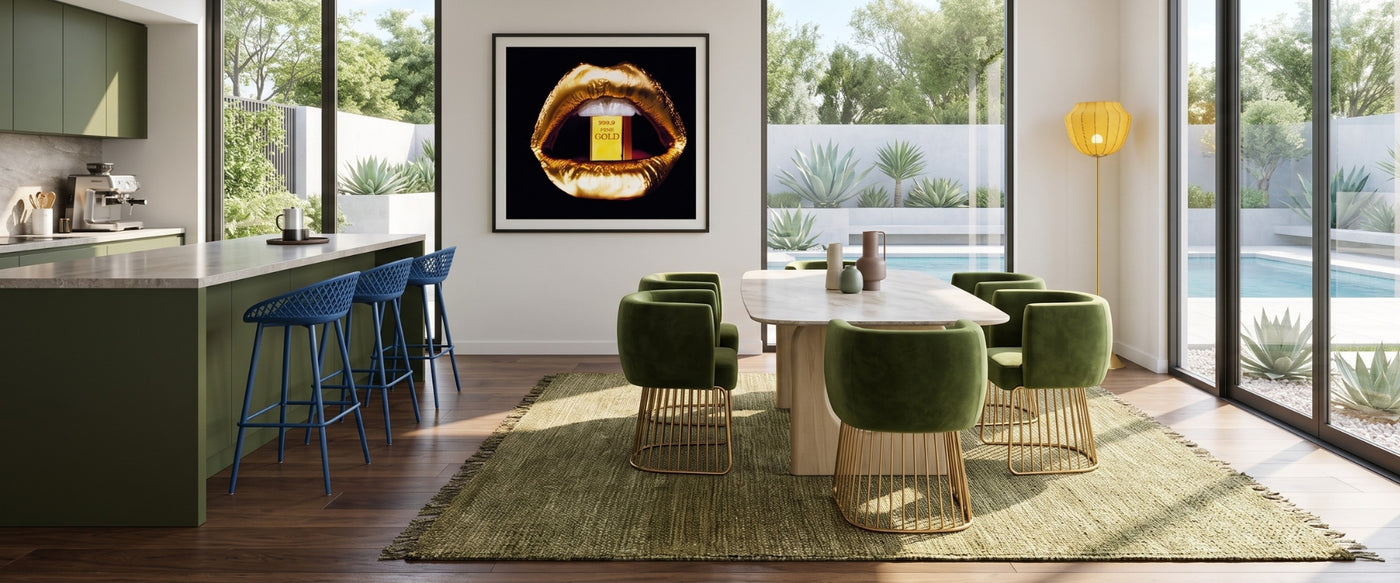 Modern Eclectic dining room featuring OROA furniture with bold shapes and layered materials.