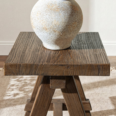 Hawthorne Square Reclaimed Elm Trestle Side Table with A-Frame Base, Heritage Medium-Dark Brown - OROA Modern Furniture