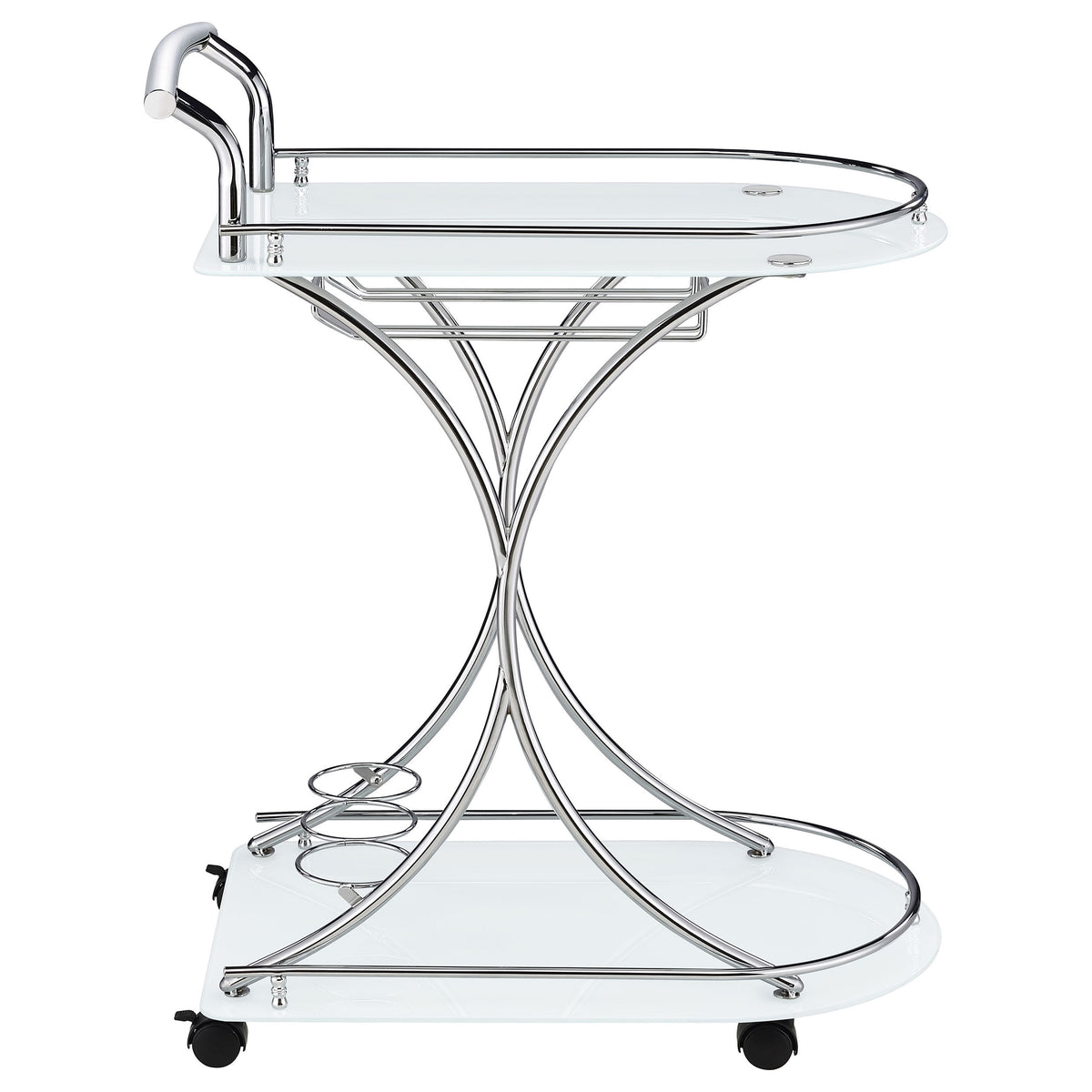 Allen 2-Tier Glass Shelf Bar Cart with Stemware and Wine Rack, White and Chrome Metal - OROA Modern Furniture