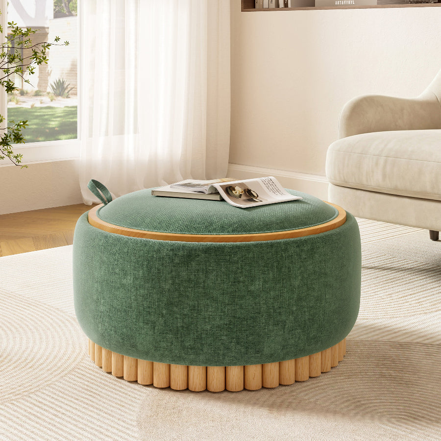 Green Chenille Storage Ottoman with Reversible Tray | Catchy