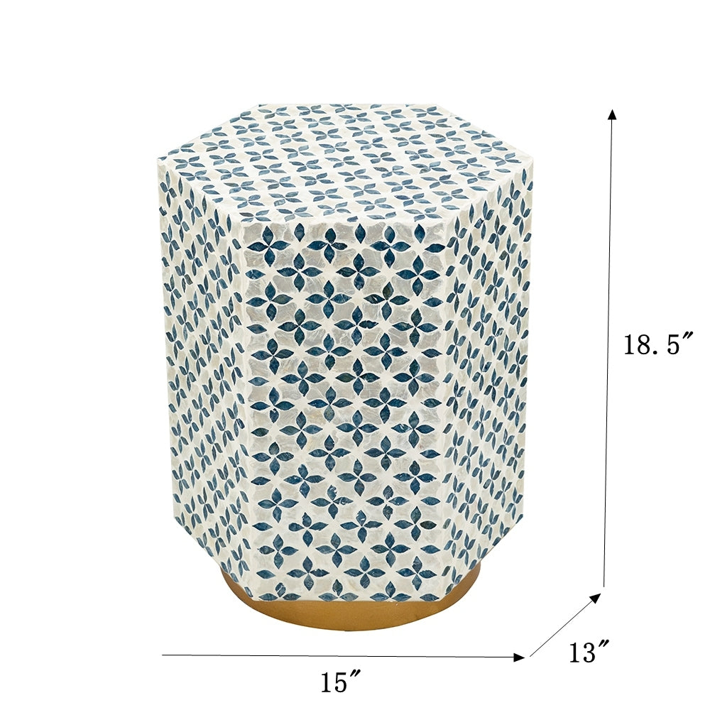 Hexagonal Accent Table with Blue Capiz Design and Gold Base