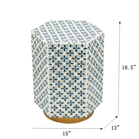 Hexagonal Accent Table with Blue Capiz Design and Gold Base