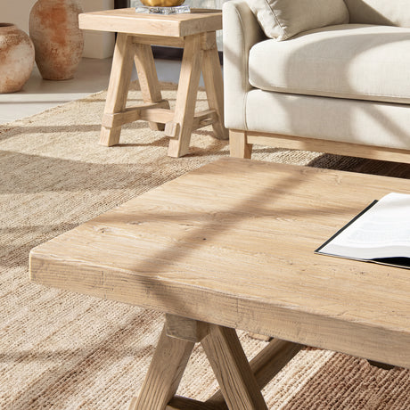 Hawthorne Reclaimed Elm Rectangular Trestle Coffee Table, Heritage Light Natural Brown - OROA Online Furniture