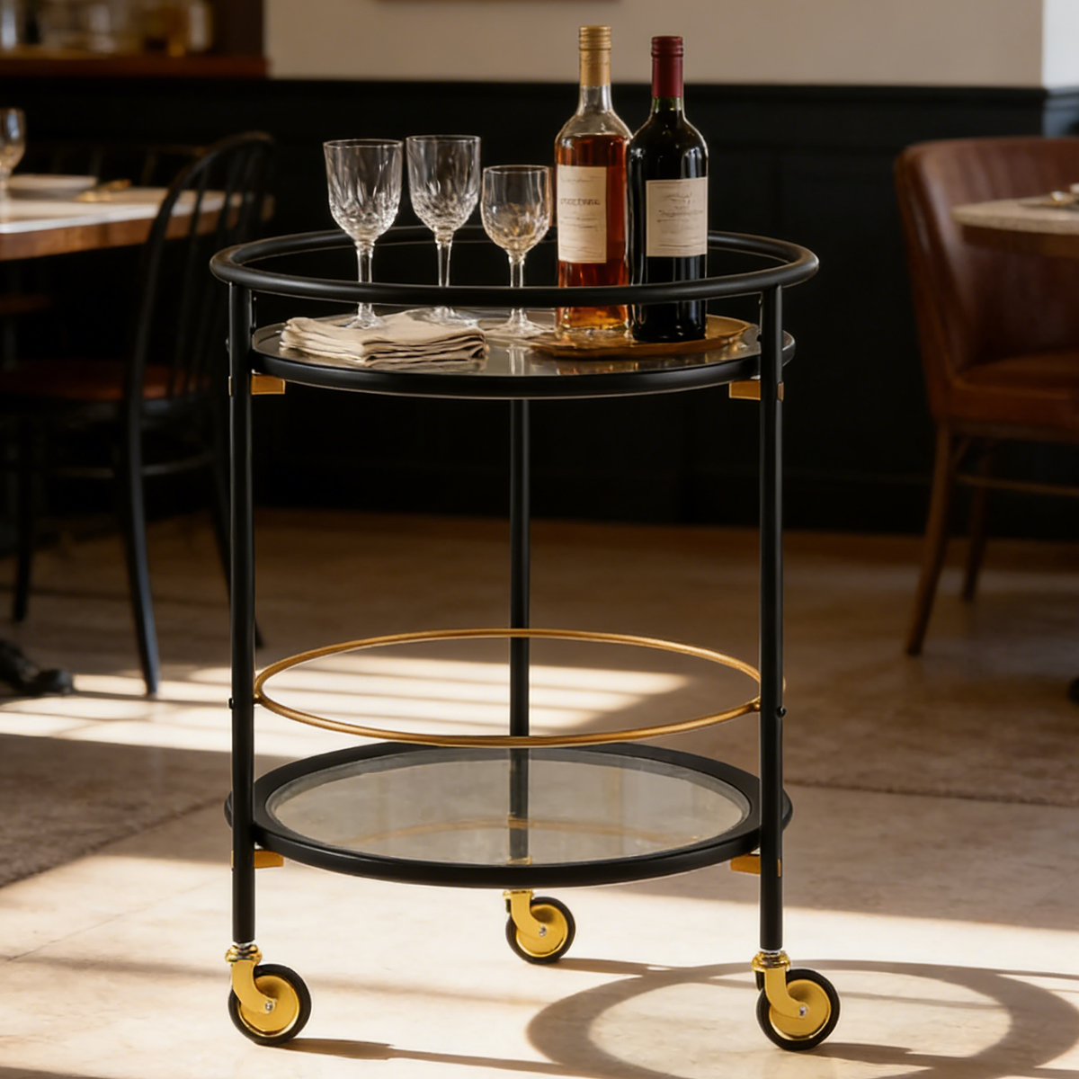 Modern Round Bar Cart with Tempered Glass Shelves and Gold Accents - OROA Online Furniture