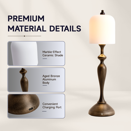 Antique bronze table lamp with white ceramic shade — ceramic shade, bronze body and charging-port details