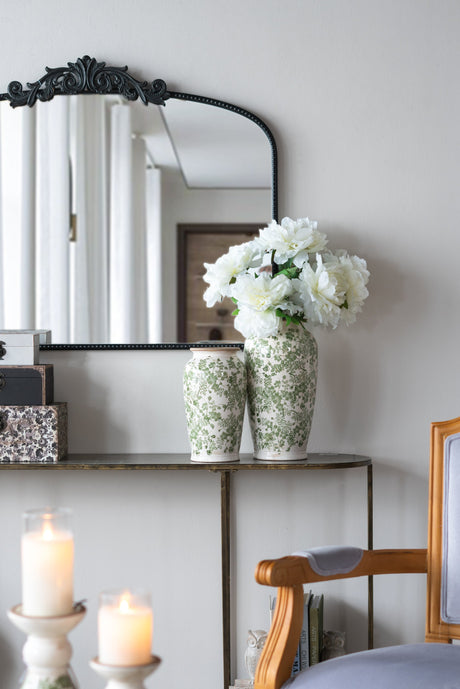 White Ceramic Flower Vase with Green Floral Pattern - OROA