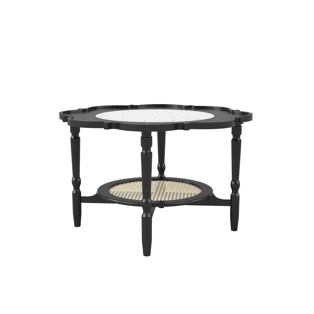 Black Petal Coffee Table with Rattan Shelf