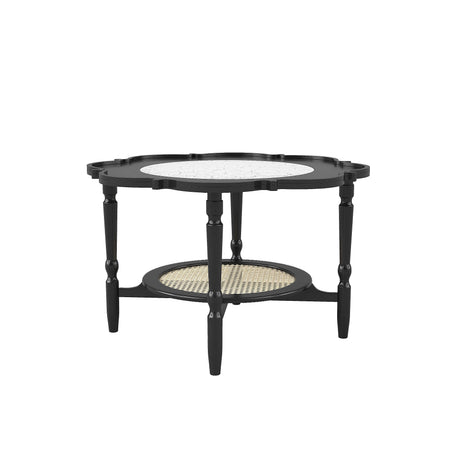 Black Petal Coffee Table with Rattan Shelf