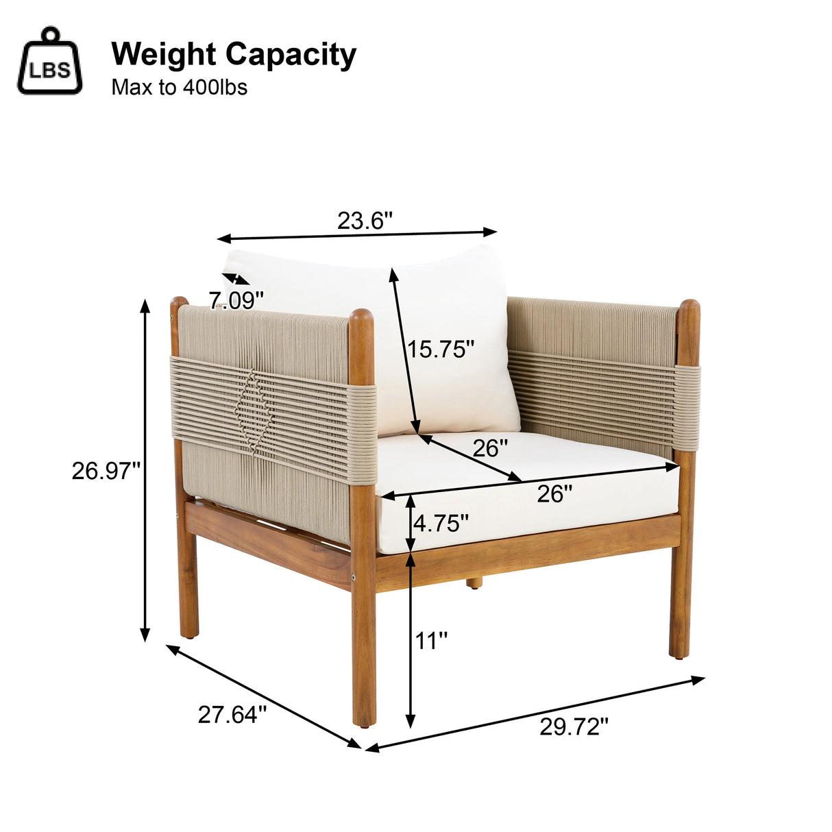 Teak, Outdoor Acacia Wood Club Chair with Diamond Rope Weave & Cushions