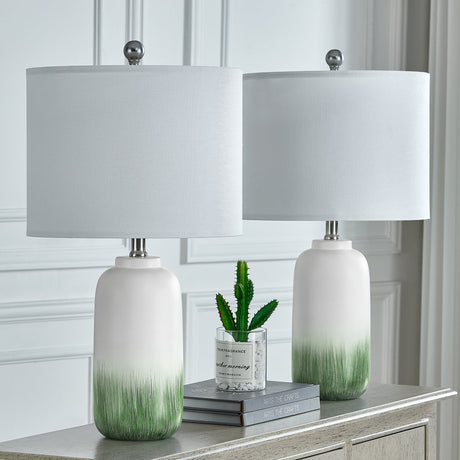 Green Ceramic Dimmable Table Lamps — pair on a console