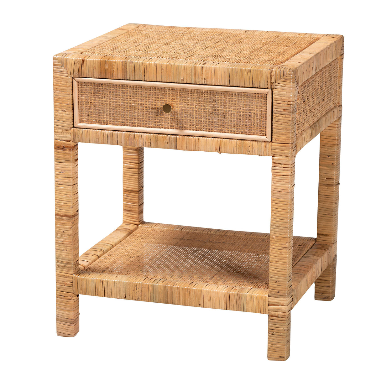 Rattan and Mahogany One Drawer Nightstand – OROA, view 2