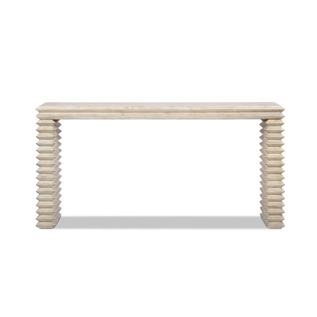 Veda Whitewashed Reclaimed Pine Geometric Console Table with Slim Stacked Legs - OROA Modern Furniture