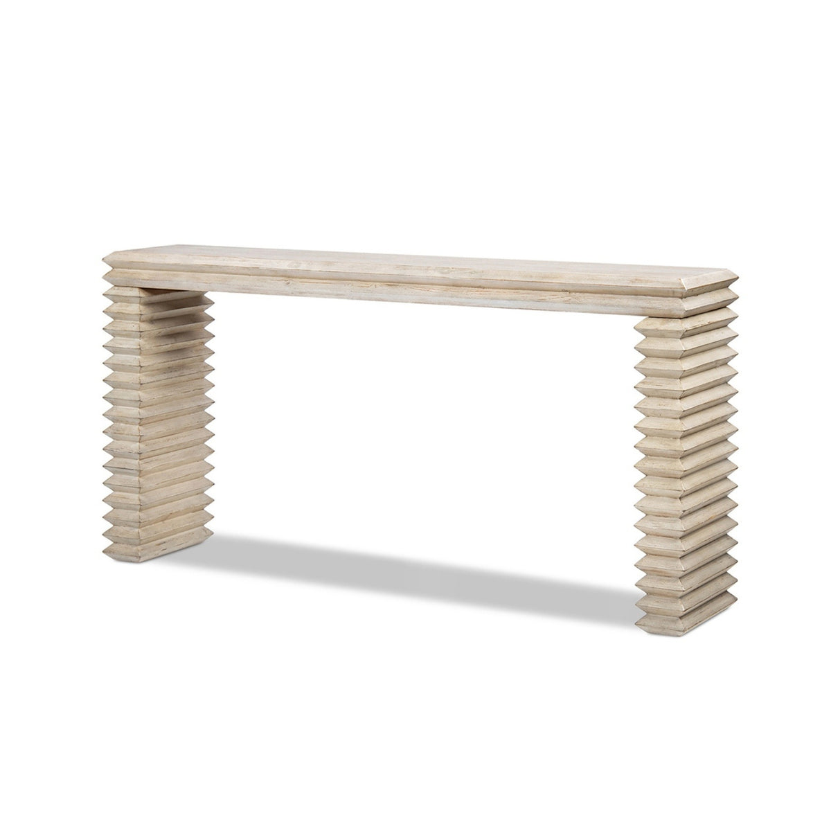 Veda Whitewashed Reclaimed Pine Geometric Console Table with Slim Stacked Legs - OROA Modern Furniture