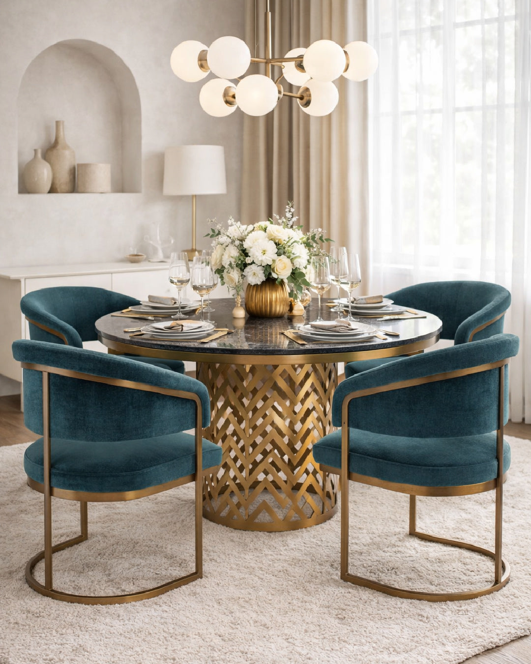 Elegant dining room with a round table and blue chairs. Gold table - www.oroa.com