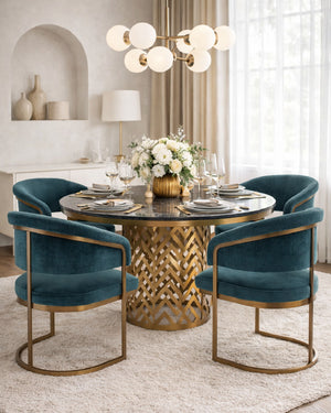 Elegant dining room with a round table and blue chairs. Gold table - www.oroa.com